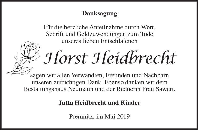  Traueranzeige für Horst Heidbrecht vom 16.06.2019 aus Märkische Oderzeitung