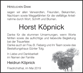 Traueranzeige von Horst Köpnick von Märkische Oderzeitung