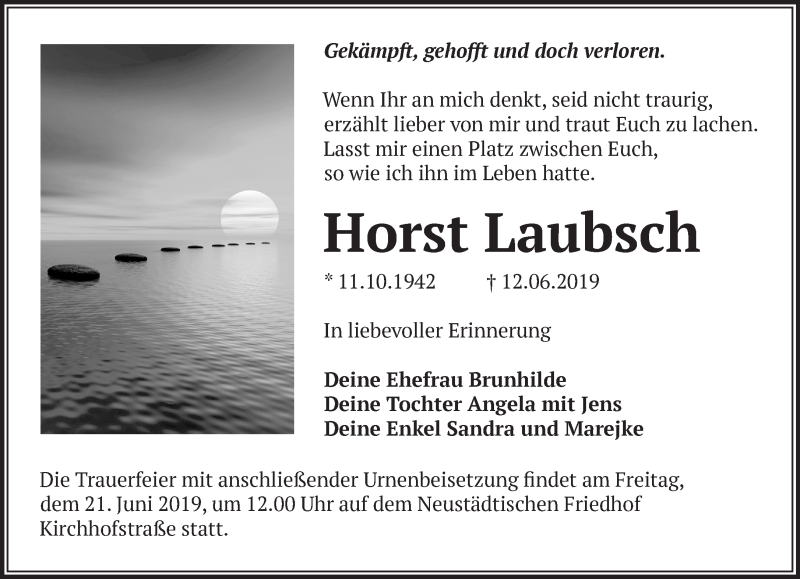  Traueranzeige für Horst Laubsch vom 16.06.2019 aus Märkische Oderzeitung