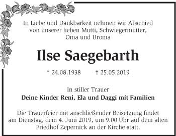 Traueranzeige von Ilse Saegebarth von Märkische Oderzeitung