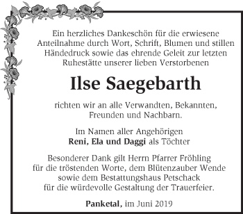 Traueranzeige von Ilse Saegebarth von Märkische Oderzeitung