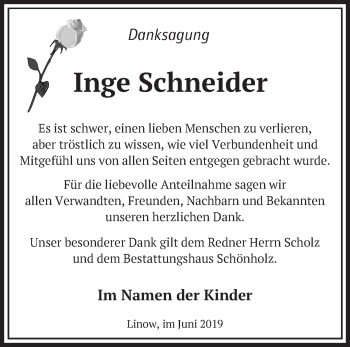 Traueranzeige von Inge Schneider von Märkische Oderzeitung