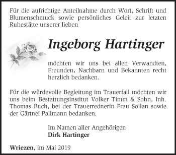 Traueranzeige von Ingeborg Hartinger von Märkische Oderzeitung