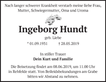 Traueranzeige von Ingeborg Hundt von Märkische Oderzeitung