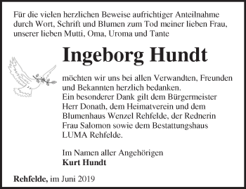 Traueranzeige von Ingeborg Hundt von Märkische Oderzeitung