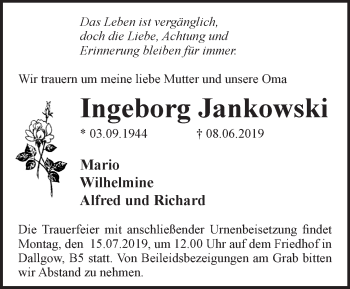 Traueranzeige von Ingeborg Jankowski von Märkische Oderzeitung