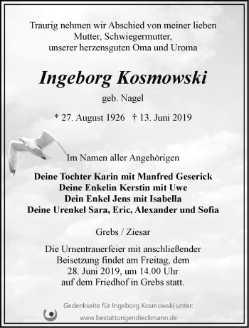 Traueranzeige von Ingeborg Kosmowski von Märkische Oderzeitung