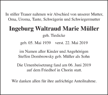 Traueranzeige von Ingeburg Waltraud Marie Müller von Märkische Oderzeitung