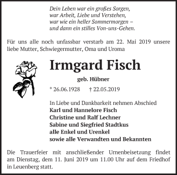 Traueranzeige von Irmgard Fisch von Märkische Oderzeitung