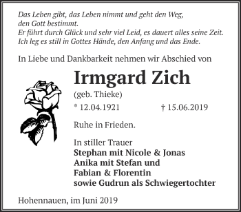 Traueranzeige von Irmgard Zich von Märkische Oderzeitung