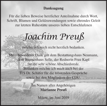 Traueranzeige von Joachim Preuß von Märkische Oderzeitung