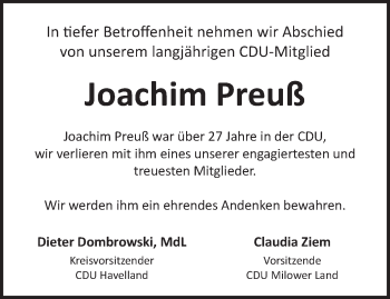 Traueranzeige von Joachim Preuß von Märkische Oderzeitung