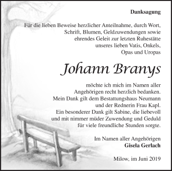 Traueranzeige von Johann Branys von Märkische Oderzeitung