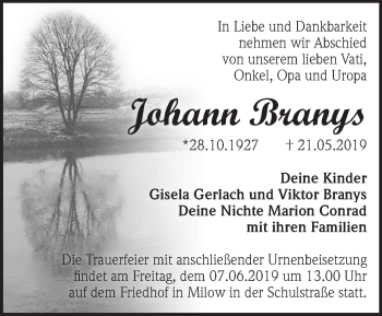 Traueranzeige von Johann Branys von Märkische Oderzeitung