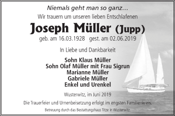 Traueranzeige von Joseph Müller von Märkische Oderzeitung