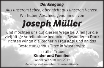 Traueranzeige von Joseph Müller von Märkische Oderzeitung