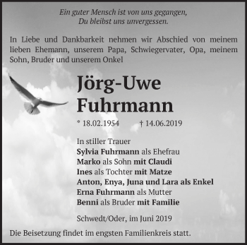 Traueranzeige von Jörg-Uwe Fuhrmann von Märkische Oderzeitung