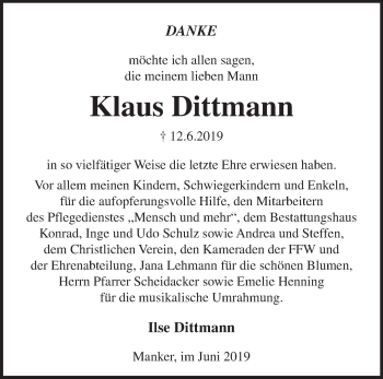 Traueranzeige von Klaus Dittmann von Märkische Oderzeitung