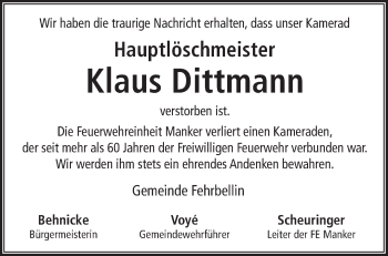 Traueranzeige von Klaus Dittmann von Märkische Oderzeitung