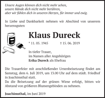 Traueranzeige von Klaus Dureck von Märkische Oderzeitung