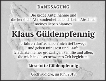 Traueranzeige von Klaus Güldenpfennig von Märkische Oderzeitung