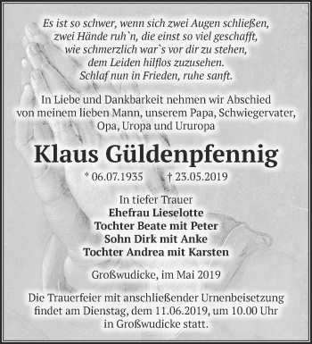 Traueranzeige von Klaus Güldenpfennig von Märkische Oderzeitung