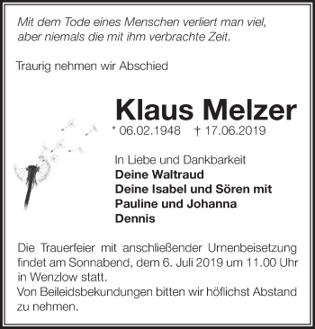 Traueranzeige von Klaus Melzer von Märkische Oderzeitung