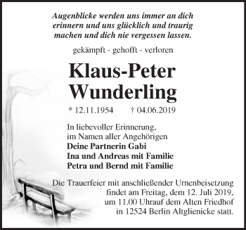 Traueranzeige von Klaus-Peter Wunderling von Märkische Oderzeitung