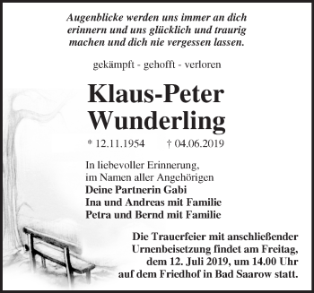 Traueranzeige von Klaus-Peter Wunderling von Märkische Oderzeitung