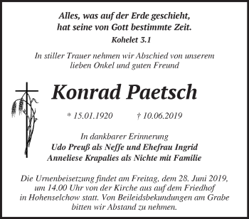 Traueranzeige von Konrad Paetsch von Märkische Oderzeitung