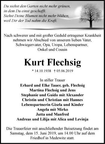 Traueranzeige von Kurt Flechsig von Märkische Oderzeitung