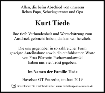 Traueranzeige von Kurt Tiede von Märkische Oderzeitung