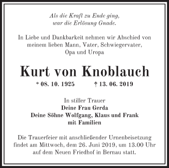 Traueranzeige von Kurt von Knoblauch von Märkische Oderzeitung