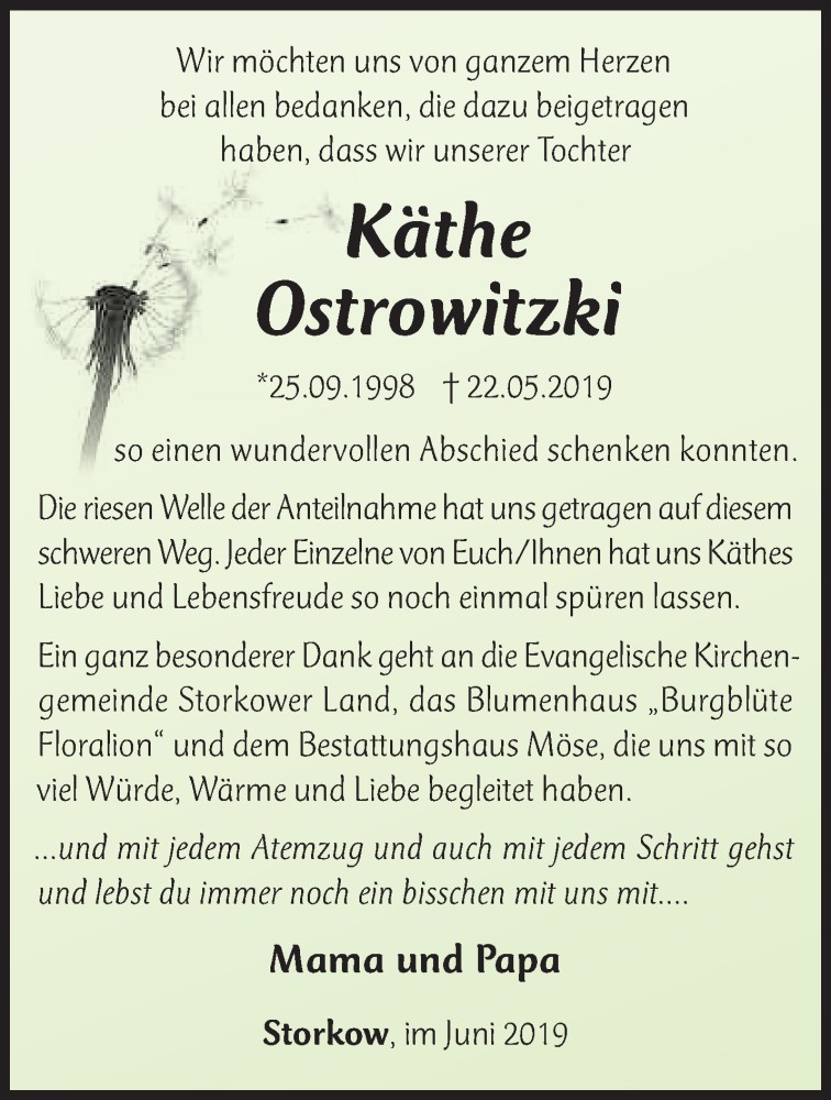  Traueranzeige für Käthe Ostrowitzki vom 08.06.2019 aus Märkische Oderzeitung