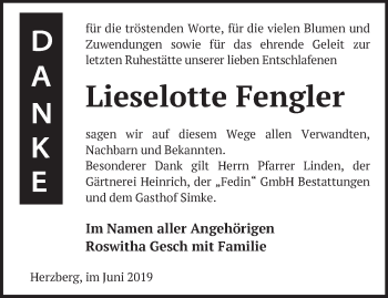 Traueranzeige von Lieselotte Fengler von Märkische Oderzeitung