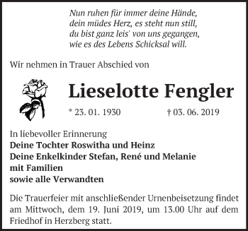 Traueranzeige von Lieselotte Fengler von Märkische Oderzeitung