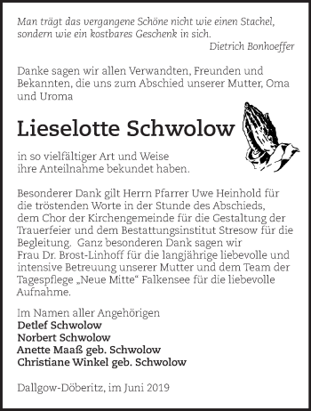 Traueranzeige von Lieselotte Schwolow von Märkische Oderzeitung