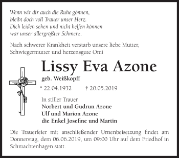 Traueranzeige von Lissy Eva Azone von Märkische Oderzeitung