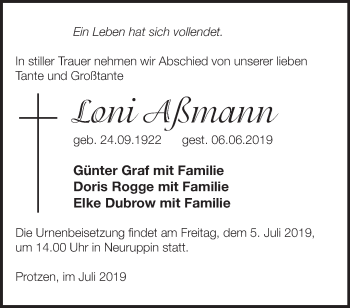 Traueranzeige von Loni Aßmann von Märkische Oderzeitung