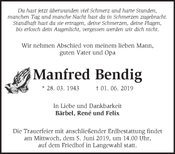 Traueranzeige von Manfred Bendig von Märkische Oderzeitung