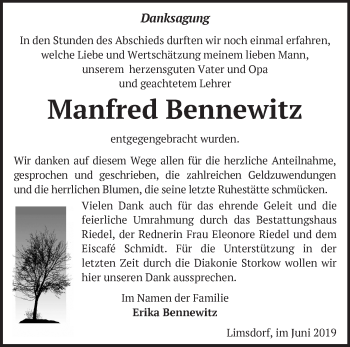 Traueranzeige von Manfred Bennewitz von Märkische Oderzeitung