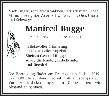 Traueranzeige von Manfred Bugge von Märkische Oderzeitung