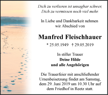 Traueranzeige von Manfred Fleischhauer von Märkische Oderzeitung