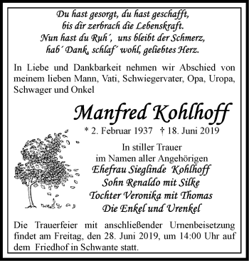 Traueranzeige von Manfred Kohlhoff von Märkische Oderzeitung