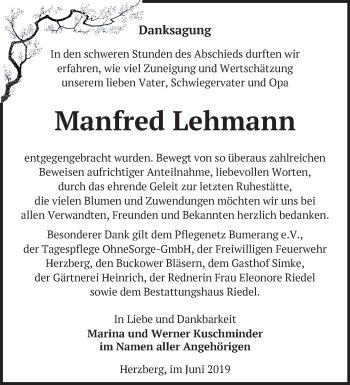 Traueranzeige von Manfred Lehmann von Märkische Oderzeitung