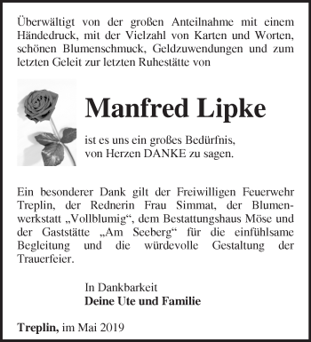 Traueranzeige von Manfred Lipke von Märkische Oderzeitung