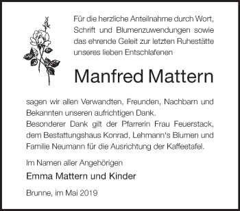 Traueranzeige von Manfred Mattern von Märkische Oderzeitung