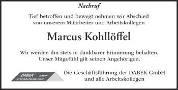 Traueranzeige von Marcus Kohllöffel von Märkische Oderzeitung