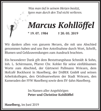 Traueranzeige von Marcus Kohllöffel von Märkische Oderzeitung