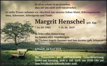 Traueranzeige von Margrit Henschel von Märkische Oderzeitung